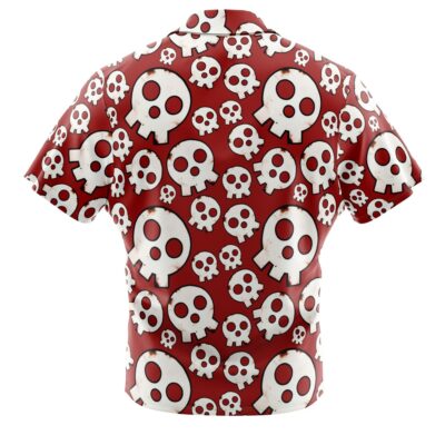 The Skull Emblem Fire Force Button Up Hawaiian Shirt features a red background with an all-over print of white cartoon skulls with red eye sockets in various sizes.