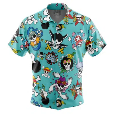 The Strawhats Jolly Roger One Piece Button Up Hawaiian Shirt is a teal short-sleeve shirt with vibrant cartoon skulls in hats and accessories, inspired by "One Piece," scattered playfully across the fabric.