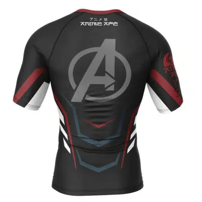 The Avengers Endgame Short Sleeve Rash Guard Compression Shirt features black fabric, red and white accents, the Avengers A logo on the back, and white Japanese text on the upper back and right sleeve.