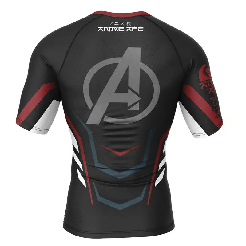 The Avengers Endgame Short Sleeve Rash Guard Compression Shirt features black fabric, red and white accents, the Avengers A logo on the back, and white Japanese text on the upper back and right sleeve.