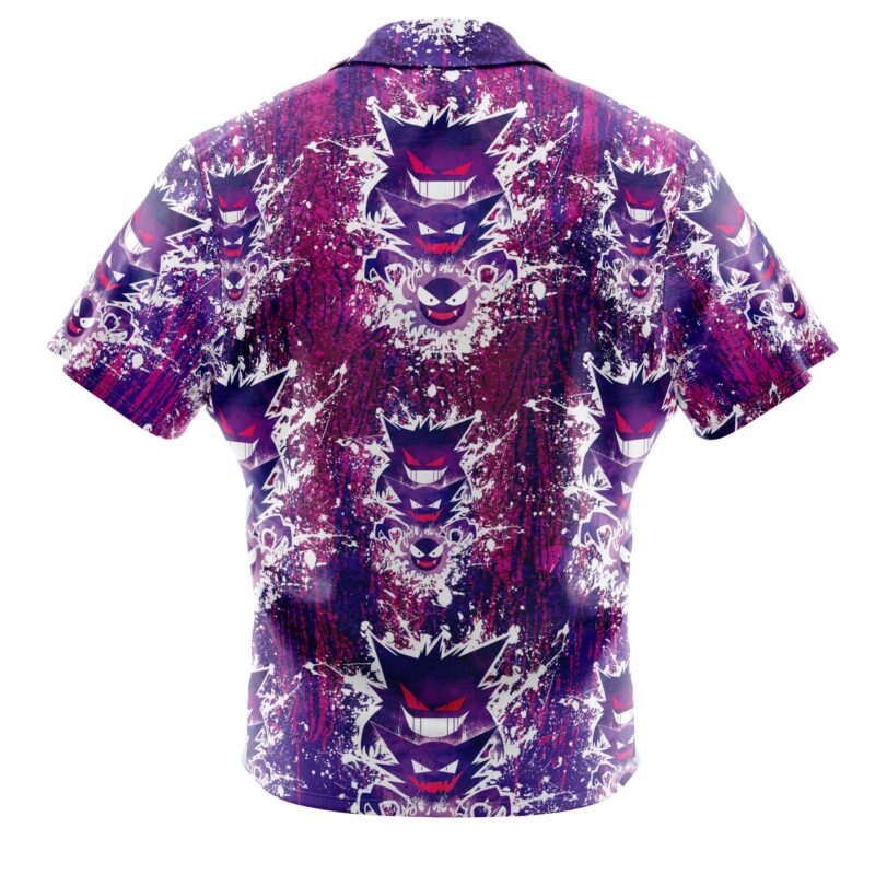 The Ghostly Evolution Ghastly Haunter Gengar Pokemon Button Up Hawaiian Shirt features a vibrant purple and pink pattern with repeating stylized Gengar faces, shown from the back in this short-sleeved design.