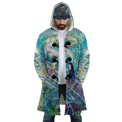 A man stands facing forward, head slightly bowed, wearing the Mythical Spirited Away Studio Ghibli Dream Cloak Coat with its vibrant, artistic swirling blue, green, and pink design.