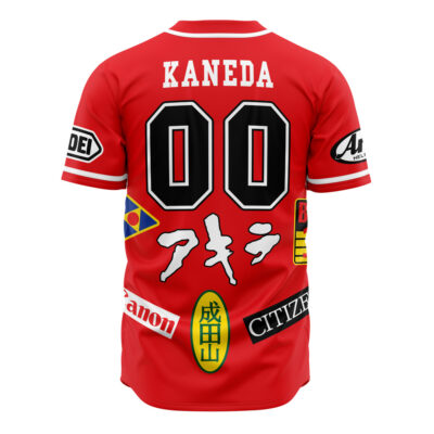 The Neo Tokyo Akira Baseball Jersey is a red sports jersey featuring KANEDA and 00 on the back, colorful logos, Japanese text, and sponsorship patches like Canon and Citizen.