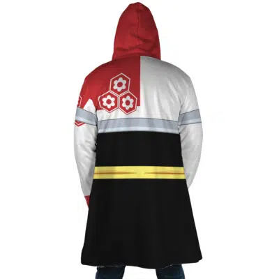 A person is seen from behind wearing the Sesshomaru Inuyasha Dream Cloak Coat—a hooded, long coat with a red, white, black, and yellow color scheme and hexagonal and gear-like symbols on the back.