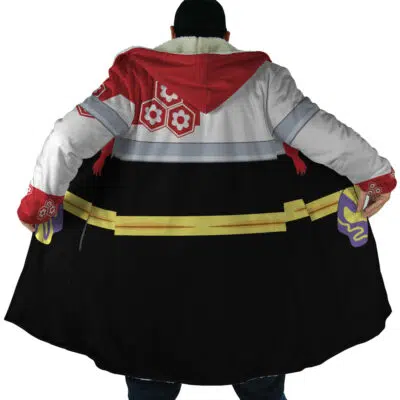 A person shown from the back with arms spread, wearing the Sesshomaru Inuyasha Dream Cloak Coat—a long coat featuring a red hood, white upper section with red floral patterns, and black lower section with yellow and purple designs.