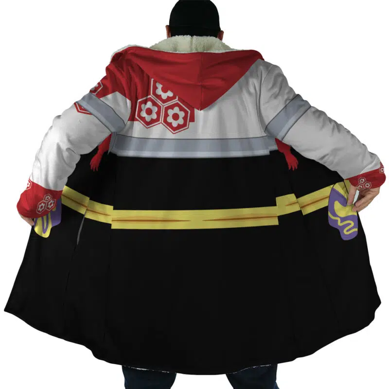 A person shown from the back with arms spread, wearing the Sesshomaru Inuyasha Dream Cloak Coat—a long coat featuring a red hood, white upper section with red floral patterns, and black lower section with yellow and purple designs.