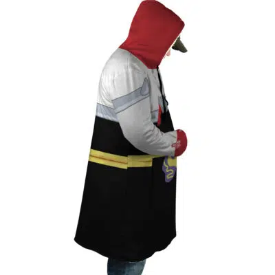 A person in profile wears the Sesshomaru Inuyasha Dream Cloak Coat, designed with a red hood, white and gray top, black bottom, yellow stripes, and glove details inspired by a firefighter uniform.