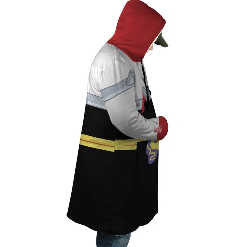 A person in profile wears the Sesshomaru Inuyasha Dream Cloak Coat, designed with a red hood, white and gray top, black bottom, yellow stripes, and glove details inspired by a firefighter uniform.