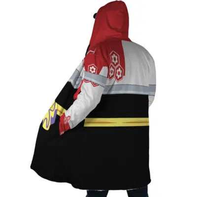 Person wearing the Sesshomaru Inuyasha Dream Cloak Coat, featuring a colorful design with red, white, yellow, and black sections, gear motifs on the shoulder, and a bold yellow belt at the waist, shown from the back.