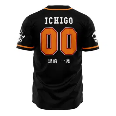 The Soul Reaper Ichigo Bleach Baseball Jersey is a black sports jersey with orange trim, ICHIGO and 00 in bold orange on the back, plus white Japanese characters and skull designs on the sleeves.