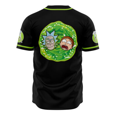 The Rick and Morty Trippy Cosmic Rick Baseball Jersey is a black shirt with green trim, featuring Rick and Morty’s faces in a green portal on the back and smaller character images on the sleeves.