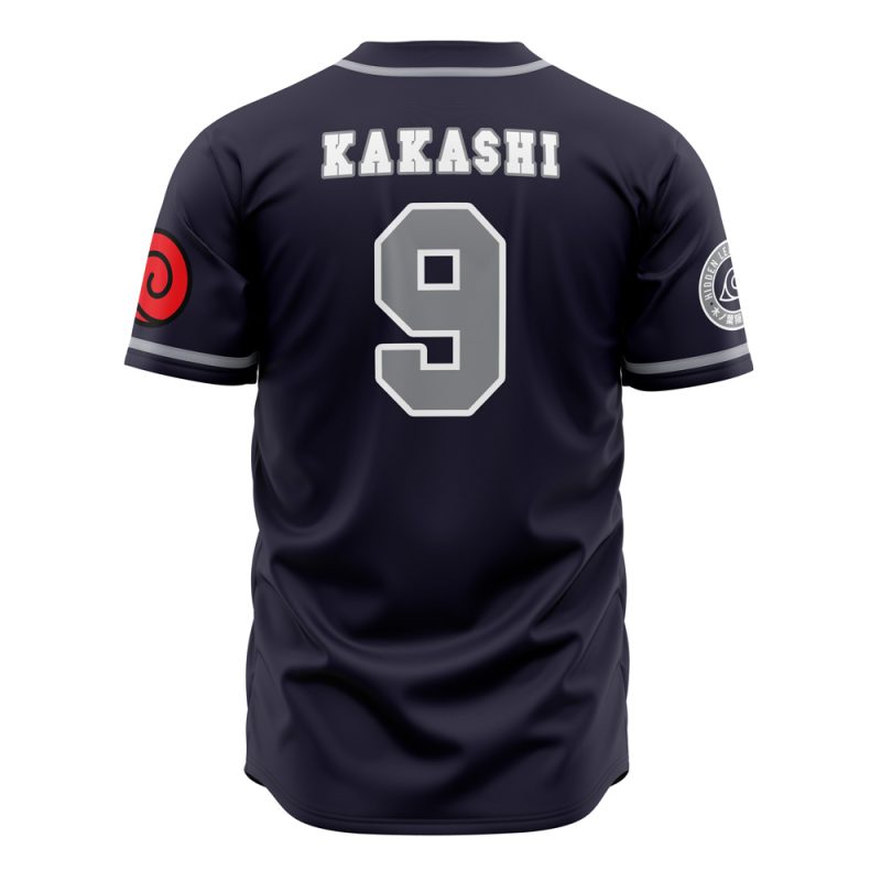 The Anbu Kakashi Shippuden Baseball Jersey is dark navy with “KAKASHI” and the number 9 in white on the back, plus red and white sleeve patches. Set against a plain white background.