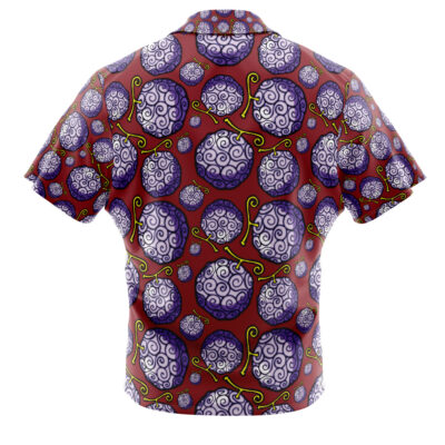 The Gomu Gomu no Mi One Piece Button Up Hawaiian Shirt features large, swirly purple fruits with green stems and white spiral designs, evenly spaced on a reddish-brown background.