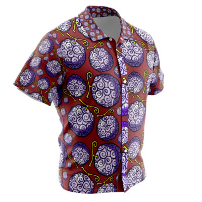 The Gomu Gomu no Mi One Piece Button Up Hawaiian Shirt features short sleeves and a red background with large purple fruit swirl patterns and green stems covering the entire fabric.