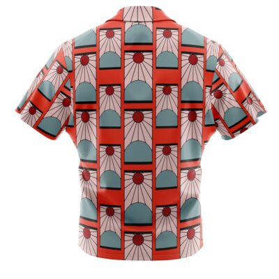The Hanafuda Earrings Demon Slayer Button Up Hawaiian Shirt features a retro geometric pattern with red, teal, and white sun and arch shapes in a repeating grid on a peach background.