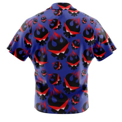 The Kamina’s Great Flaming Skull Tengen Toppa Gurren Lagann Button Up Hawaiian Shirt features short sleeves, a blue background, and repeating black, red, and blue flame-like skull designs; shown from the back.