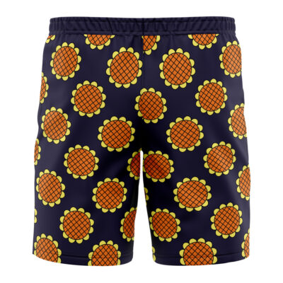 Navy blue Monkey D. Luffy Dressrosa One Piece board shorts featuring a repeating pattern of yellow and orange sunflower-like designs with a grid-patterned center.