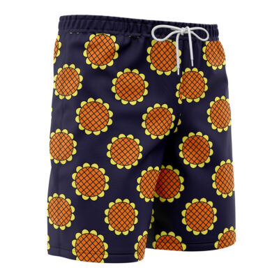 Monkey D. Luffy Dressrosa One Piece Board Shorts Swim Trunks in navy blue with yellow and orange scalloped waffle-like circle pattern and a white drawstring at the waistband.