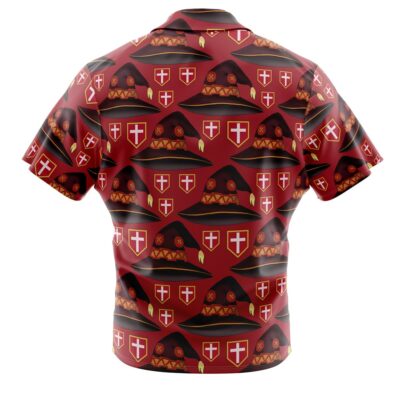 The Megumin Konosuba Button Up Hawaiian Shirt is a red short-sleeve, seen from the back, with a repeating pattern of wizard hats featuring gold trim and white crosses on red shields.