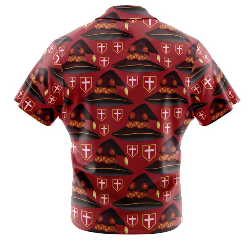 The Megumin Konosuba Button Up Hawaiian Shirt is a red short-sleeve, seen from the back, with a repeating pattern of wizard hats featuring gold trim and white crosses on red shields.