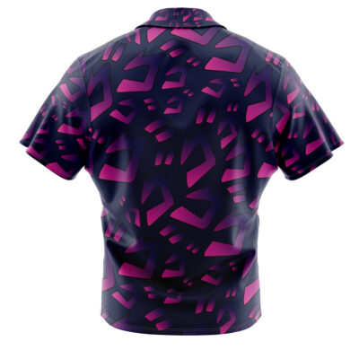 The Menacing Aura JoJos Bizarre Adventure Button Up Hawaiian Shirt features a dark base and bold, angular magenta patterns scattered across the back in an abstract design.