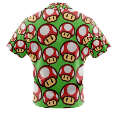 The Mushroom Super Mario Bros Button Up Hawaiian Shirt features short sleeves and a green background with a repeating pattern of red and white cartoon mushrooms inspired by the iconic Super Mario power-up.