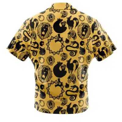 The Seven Deadly Sins Tattoos Seven Deadly Sins Button Up Hawaiian Shirt features a gold background with black zodiac animal symbols—lions, goats, fish, snakes, and birds—in a repeating pattern across the back.