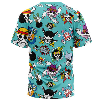 The Strawhats Jolly Roger One Piece T-Shirt features a lively array of cartoon skulls with hats and sunglasses on a light blue background, showcasing playful pirate motifs inspired by the anime One Piece.