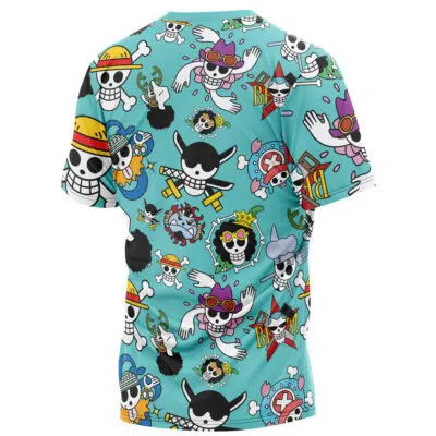 The Strawhats Jolly Roger One Piece T-Shirt features a blue background with a lively pattern of cartoon skulls in hats, sunglasses, and accessories, inspired by the iconic anime One Piece.