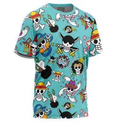 The Strawhats Jolly Roger One Piece T-Shirt features a light blue base with an all-over print of cartoon pirate skulls, colorful hats, sunglasses, and playful motifs inspired by the anime, in a lively patterned design.