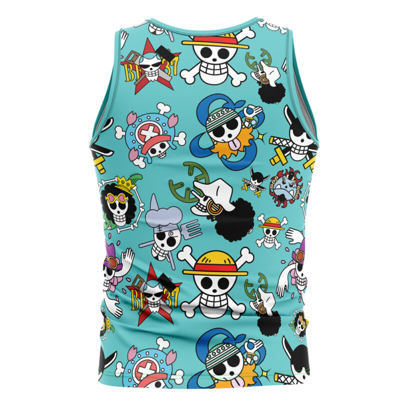 The Strawhats Jolly Roger One Piece Tank Top is a turquoise tank top with playful, colorful cartoon skull and crossbones designs, each with unique hats and accessories inspired by the anime One Piece, covering the entire back.