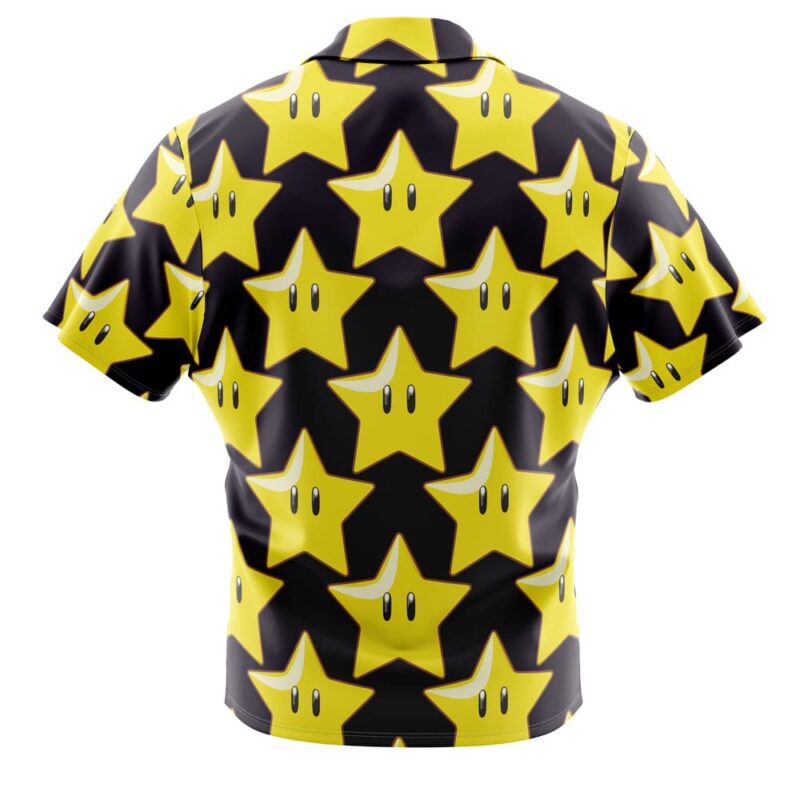 The Star Super Mario Bros Button Up Hawaiian Shirt features a repeating pattern of yellow cartoon stars with eyes on a black background, shown from the back.