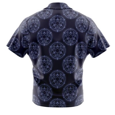 The Transmutation Circle Fullmetal Alchemist Button Up Hawaiian Shirt has short sleeves, a dark base, and features repeating light blue geometric circle patterns, shown from the back.