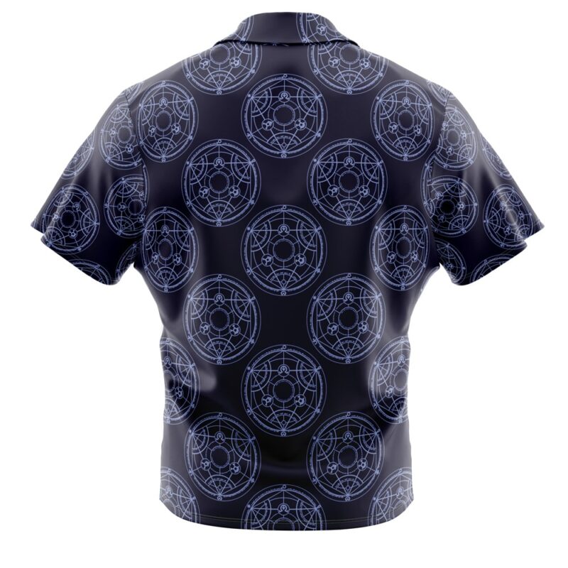 The Transmutation Circle Fullmetal Alchemist Button Up Hawaiian Shirt has short sleeves, a dark base, and features repeating light blue geometric circle patterns, shown from the back.
