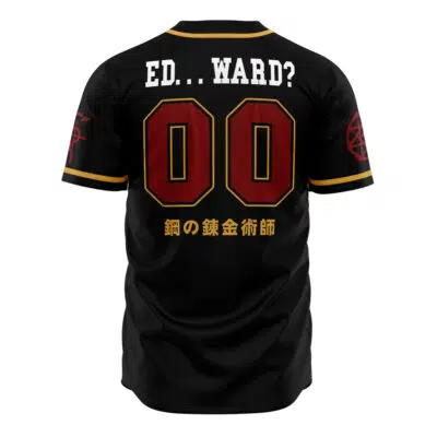 The Central City Chimeras Fullmetal Alchemist Baseball Jersey is black with gold trim, ED... WARD? in white, 00 in large red numbers, Japanese text below, and red alchemy symbol patches on the sleeves.