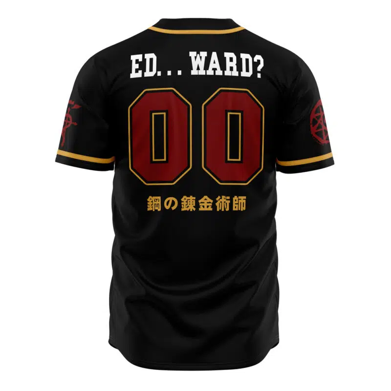 The Central City Chimeras Fullmetal Alchemist Baseball Jersey is black with gold trim, ED... WARD? in white, 00 in large red numbers, Japanese text below, and red alchemy symbol patches on the sleeves.