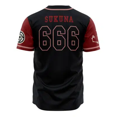 The Curses Sukuna Jujutsu Kaisen Baseball Jersey features a black and red design, "SUKUNA" name and 666 on the back, plus unique white symbols on the sleeves.