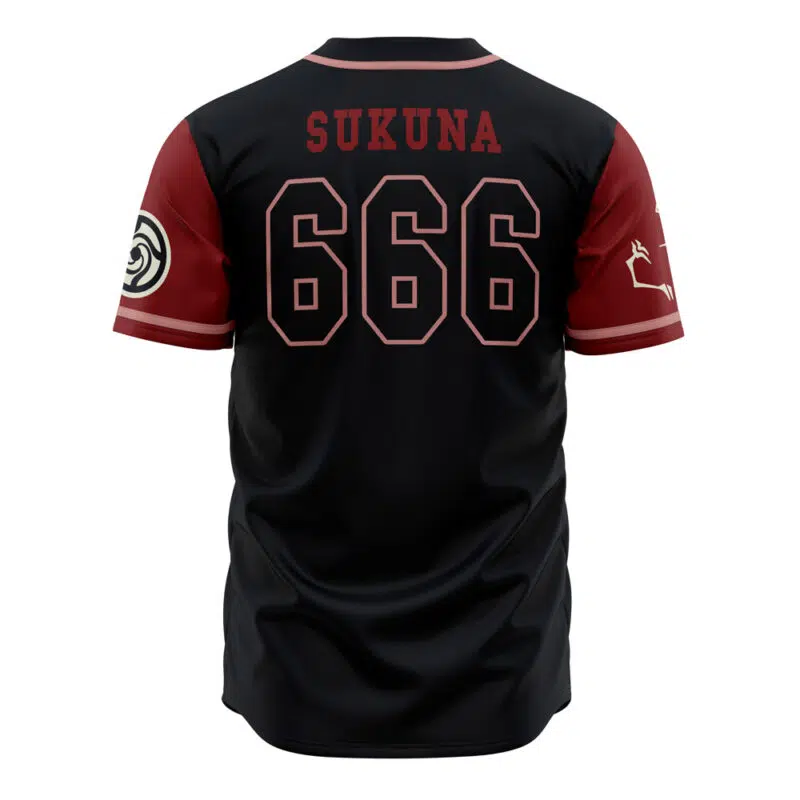 The Curses Sukuna Jujutsu Kaisen Baseball Jersey features a black and red design, "SUKUNA" name and 666 on the back, plus unique white symbols on the sleeves.