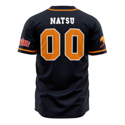 The Fairy Tail Guild Fairy Tail Baseball Jersey features NATSU and 00 in bold orange on the back, with a red and yellow logo on the left sleeve and an orange dragon emblem on the right sleeve. Black color, sports style.