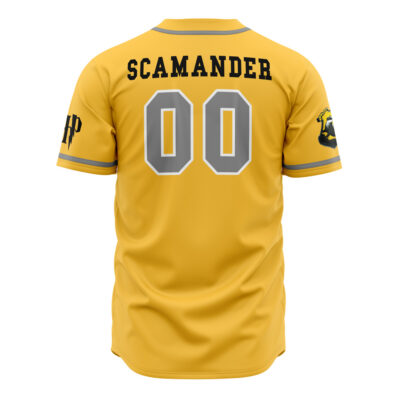 A yellow Hufflepuff House Harry Potter Baseball Jersey featuring SCAMANDER and 00 in black and gray on the back, HP initials on the left sleeve, and a badger crest on the right sleeve.