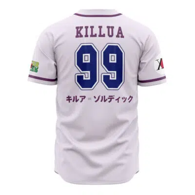 The Hunter Association Killua Hunter X Hunter Baseball Jersey is white with purple trim, KILLUA and 99 on the back, Japanese characters below, and colorful sleeve patches.