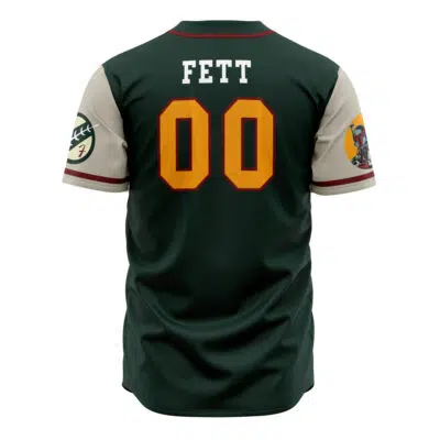 The Mandalorians Boba Fett Star Wars Baseball Jersey is green and beige with FETT and 00 in yellow on the back, plus sleeves featuring Star Wars patches like the Mandalorian symbol and a helmet graphic.