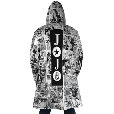 A person wears the Manga Panels Jojo's Bizarre Adventure Dream Cloak Coat, a long hooded coat with black-and-white manga panels and a vertical black stripe on the back featuring JOJO lettering with a star and fist design.