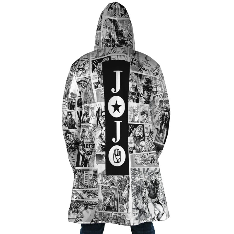 A person wears the Manga Panels Jojo's Bizarre Adventure Dream Cloak Coat, a long hooded coat with black-and-white manga panels and a vertical black stripe on the back featuring JOJO lettering with a star and fist design.
