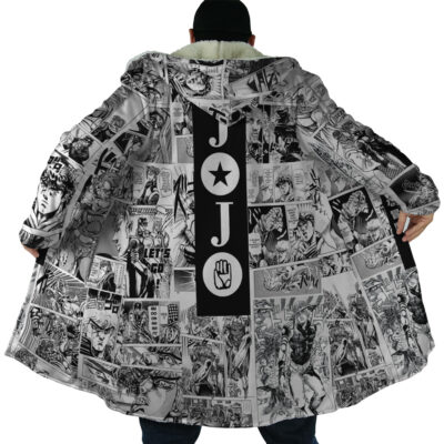A person seen from behind wears the Manga Panels Jojo's Bizarre Adventure Dream Cloak Coat, showcasing black-and-white manga panels with bold vertical JOJO text and symbols down the back.