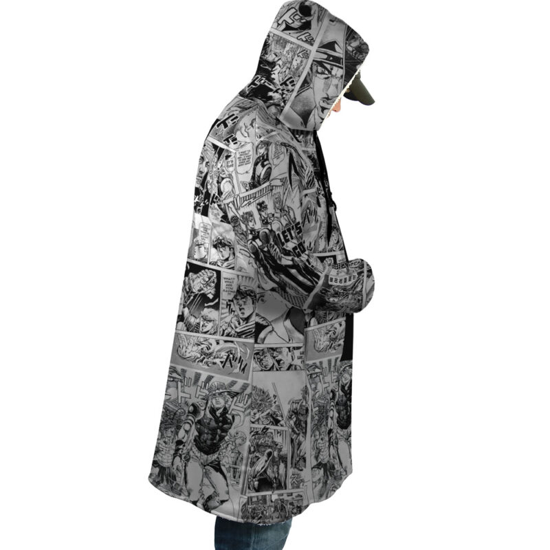 Someone stands in profile, hands in pockets, wearing the Manga Panels Jojo's Bizarre Adventure Dream Cloak Coat covered in black-and-white manga scenes with dramatic characters.