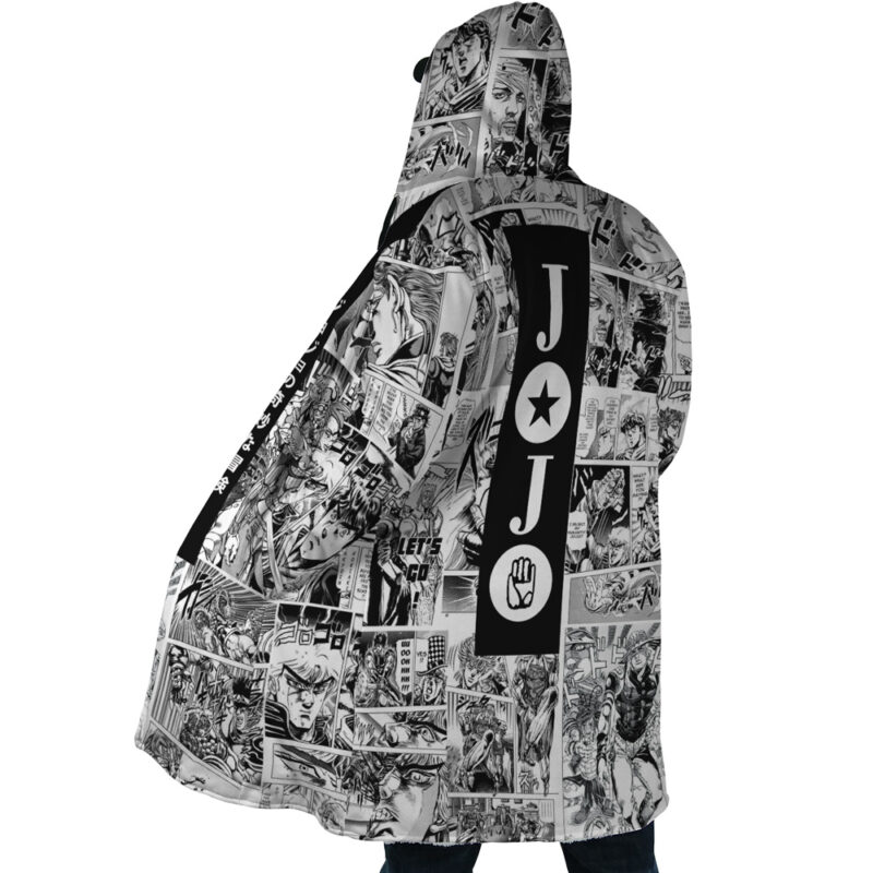 Someone wearing the Manga Panels Jojo's Bizarre Adventure Dream Cloak Coat, a black and white hooded cloak with manga panels and bold “JOJO” text, plus fist and star symbols inspired by the anime series.