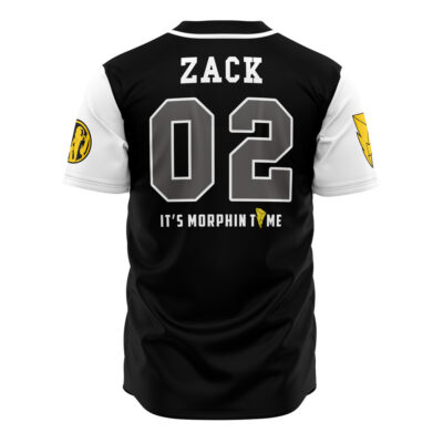The Black Mastadons Zack Taylor Power Rangers Baseball Jersey features “ZACK” and “02” on the back, “IT’S MORPHIN TIME,” a yellow lightning bolt, and yellow emblems on both sleeves.