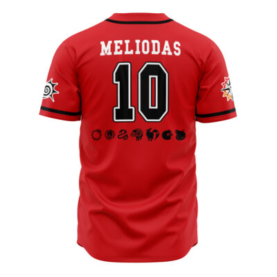 The Meliodas Seven Deadly Sins Baseball Jersey is red with black trim, features Meliodas and the number 10 on the back, black and white symbols below the number, and stylized sleeve emblems.