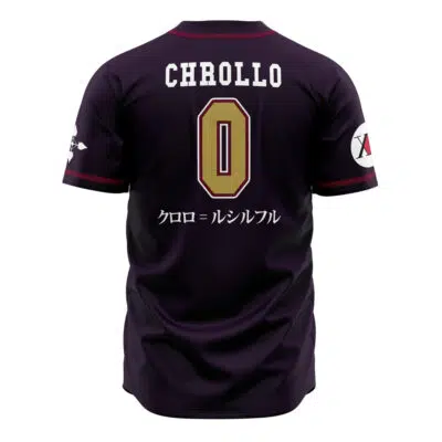 The Phantom Troupe Chrollo Hunter X Hunter Baseball Jersey is a black sports jersey featuring CHROLLO and a large gold 0 on the back, Japanese text underneath, and white symbols on both sleeves.